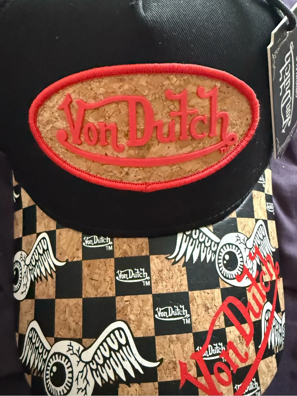 Von Dutch Black Cork-Pattern Baseball Cap with Red Logo